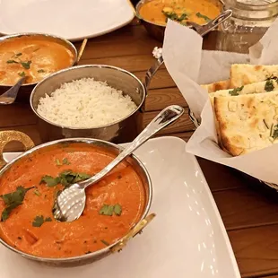 Chicken Tikka Masala in the front, Chicken Korma in the back