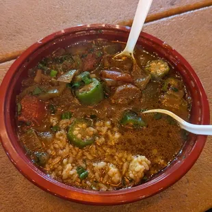 Vegan gumbo with vegan sausage