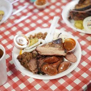 4 Meat Plate - Ribs, Sausage, Chopped Beef &amp; Brisket with Coleslaw &amp; Beans for sides
