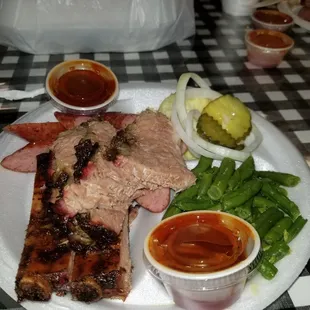 3 meat plate, brisket, ribs, and sausage