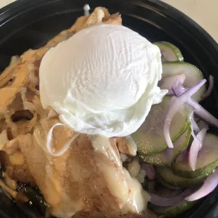 Char Shu bowl Pork belly with rice, pickled cucumber, poached egg with a sriracha and miso mayo.