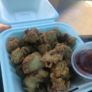 Popcorn chicken with Mumpy's Dirty Sauce.