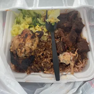 Jerk chicken, brown stew beef, cabbage, rice and peas