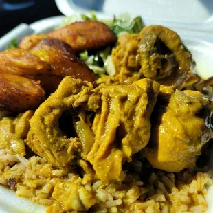 Curry Chicken Rice and Peas  Fried Plantains  Cabbage