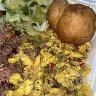 Johnny cake (Fry Dumpling), Ackee &amp; codfish, Rice and Peas and cabbage