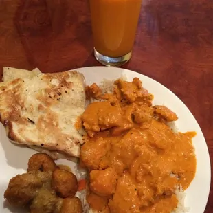 lunch buffet plate with mango lassi