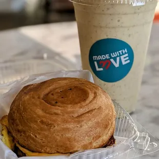 Sausage Egg and Cheese on a croissant bun and Mango Chia Smoothie!
