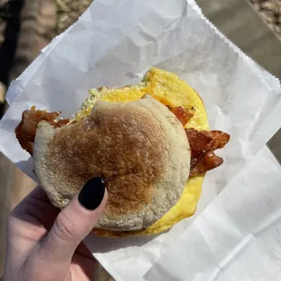 Bacon egg and cheese sandwich on English muffin