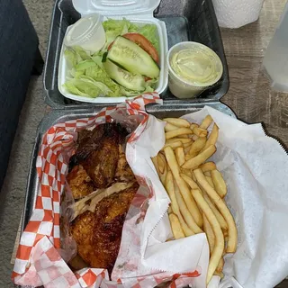 1/2 Chicken, Fries, Salad & 4 oz. Sauce