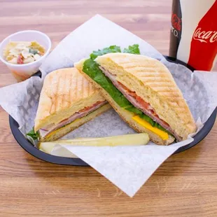 Signature Super Munch sandwich on ciabatta bread. Shown as a Meal Deal with a drink and side!