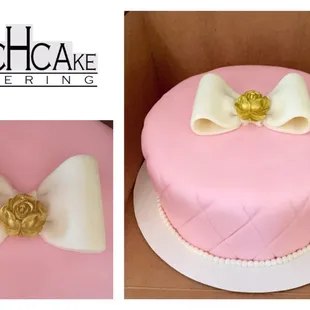 Pink fondant cake with bow and airbrushed gold fondant rose