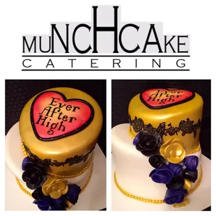 Ever After High theme topsy turvy cake with hand painted and airbrushed heart logo, fondant flowers, and airbrushed sugar veil lace.