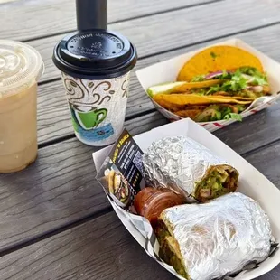Vegan burrito and taco, Chai Latte, and a coffee