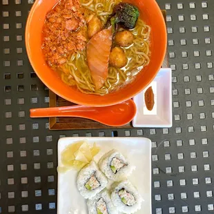 Smoked Salmon Ramen with special $1 sushi for August 2023 promo (follow me on IG @capricorncow)