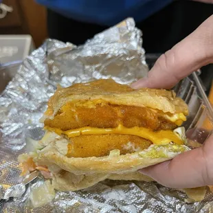 The breaded side of the pressed chicken patty&apos;s.