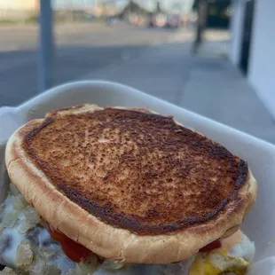 Reversed toast double smash burger with Pepperjack &amp; American cheese