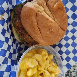 a hamburger and macaroni and cheese