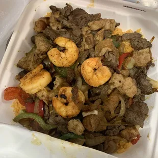 Chicken Steak, Chicken and Shrimp Fajita Mixed Platter with hair