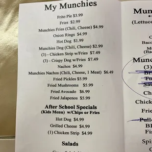 a menu for munchies