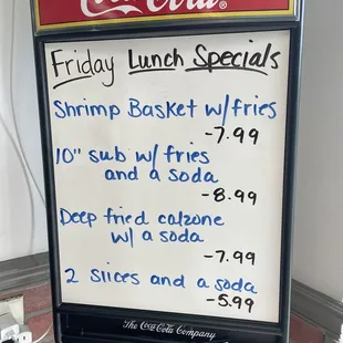 a menu for a coca cola