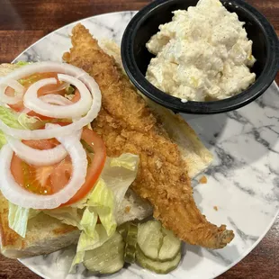 Fish sandwich with less than desirable potato salad.