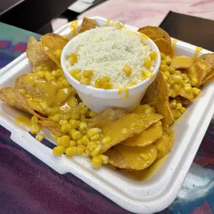 Elote (corn in a cup) with nachos