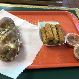 Reuben with brown mustard and their awesome cheese sticks.