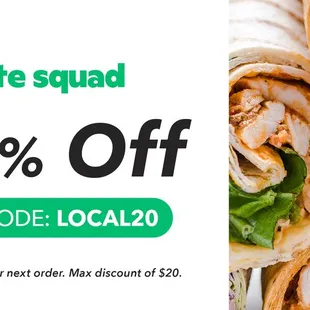a picture of a sandwich with the words bite squad 20 % off use code local