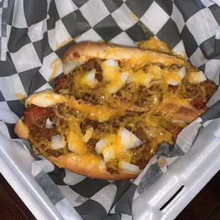 2 Chili Dogs with onions and cheese. Excellent.