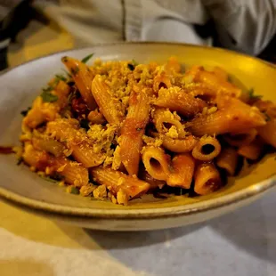 Penne all&apos;Arrabbiata: 
 Artisanal pasta from Mancini, tomato, garlic, Calabrian chili, oven-dried cherry tomato, parsley, bread crumbs