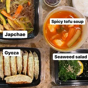 Japchae (double order), Spicy Soft Tofu Stew, Tofu Salad, Kimchi Trio, Seaweed Salad, Gyoza (double order)