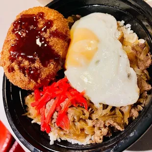 Gyudon w/potato croquette &amp; sunny side egg add on