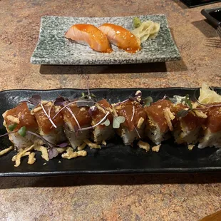 Mentai salmon nigiri in the back, Haven roll in the front.