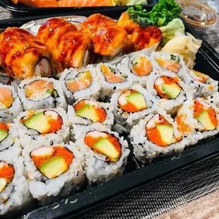 135. Kami Kaze Roll on top. California Roll (B) at bottom  83. Spicy Crunch Salmon Roll in the middle