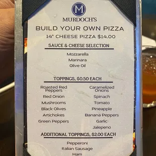 a menu for a pizza restaurant