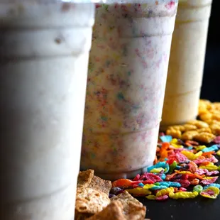 Fruity Pebbles Shake, Cinnamon Toast Crunch Shake, PB Cap'n Crunch Shake