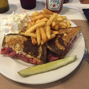 Ruben with French fries and coleslaw