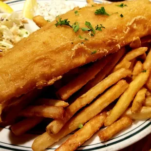 Fish &amp; chips with homemade coleslaw &amp; tartar sauce. The french fries &amp; everything else was amazing. Look at that big giant slab of fish!