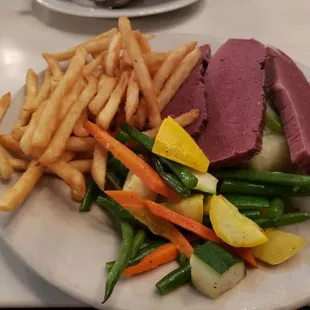 Corned beef and cabbage (mashed potatoes replaced with proper chips...)