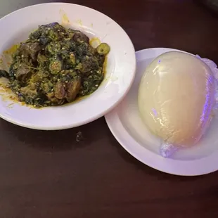 Okra soup w/ goat meat spicy, pounded yam