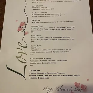 Valentines menu