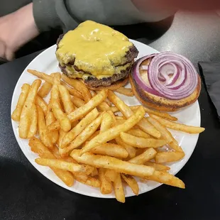 Cheese burger with onion &amp; fries