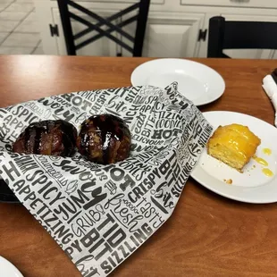 Bacon Wrapped Braut Bombs. Honey Butter Corn Bread.