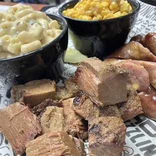 Meat Head, burnt ends, jalapeño cheddar link, jalapeño cheddar corn and Mac n cheese.