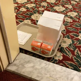 Complimentary room service- donuts are a must-have!!!