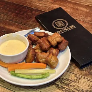 Beer cheese and pretzel bites, with slightly sad vegggies