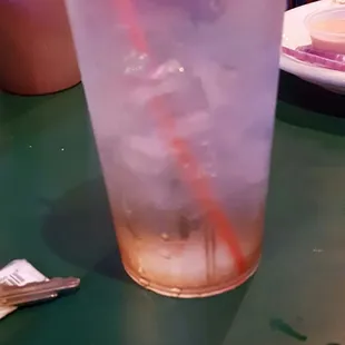 Brown stained cup of water  Very dirty restaurant
