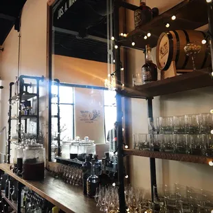 shelves of liquor and glasses