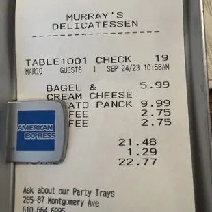 the receipt for the restaurant