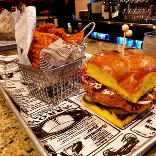 Traditional chicken sandwich with sweet potato waffle fries.